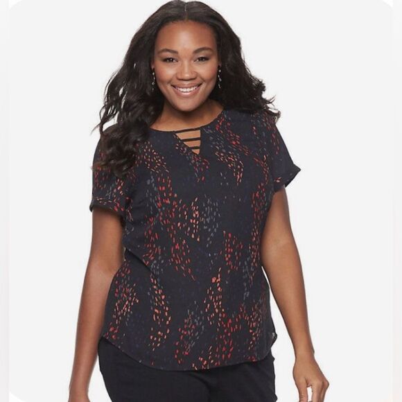 Apt 9 ladder vneck black top with splashes of color size large - Picture 1 of 8